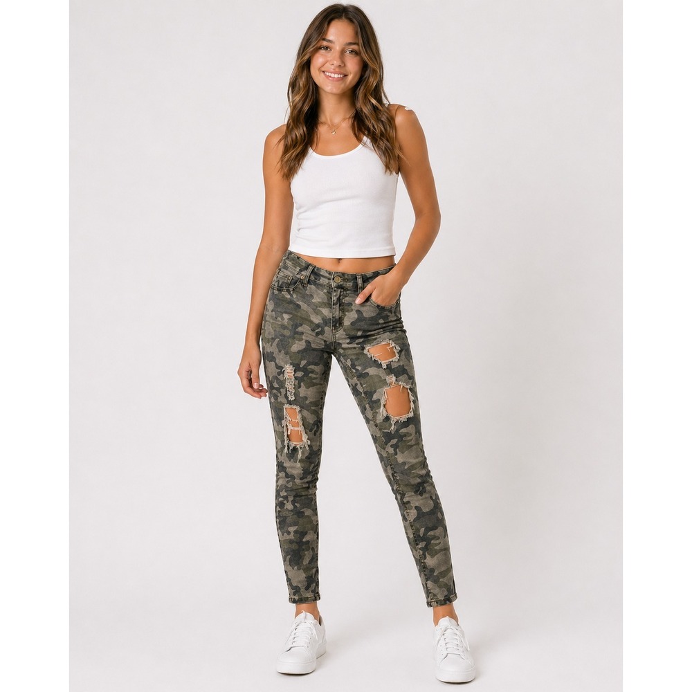 French Kiss Skinny‎ Jeans Juniors 5 Green Camo Stretch Distressed